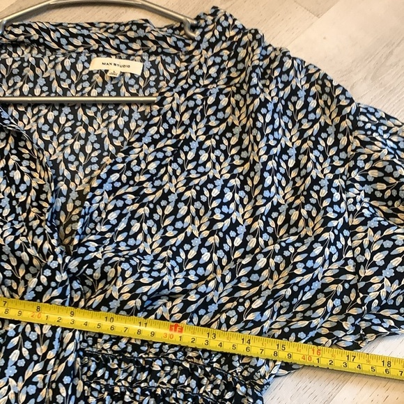 Max Studio black‎ blue dresss tie front neck sz L elastic waist midi fit & flare - Picture 12 of 14